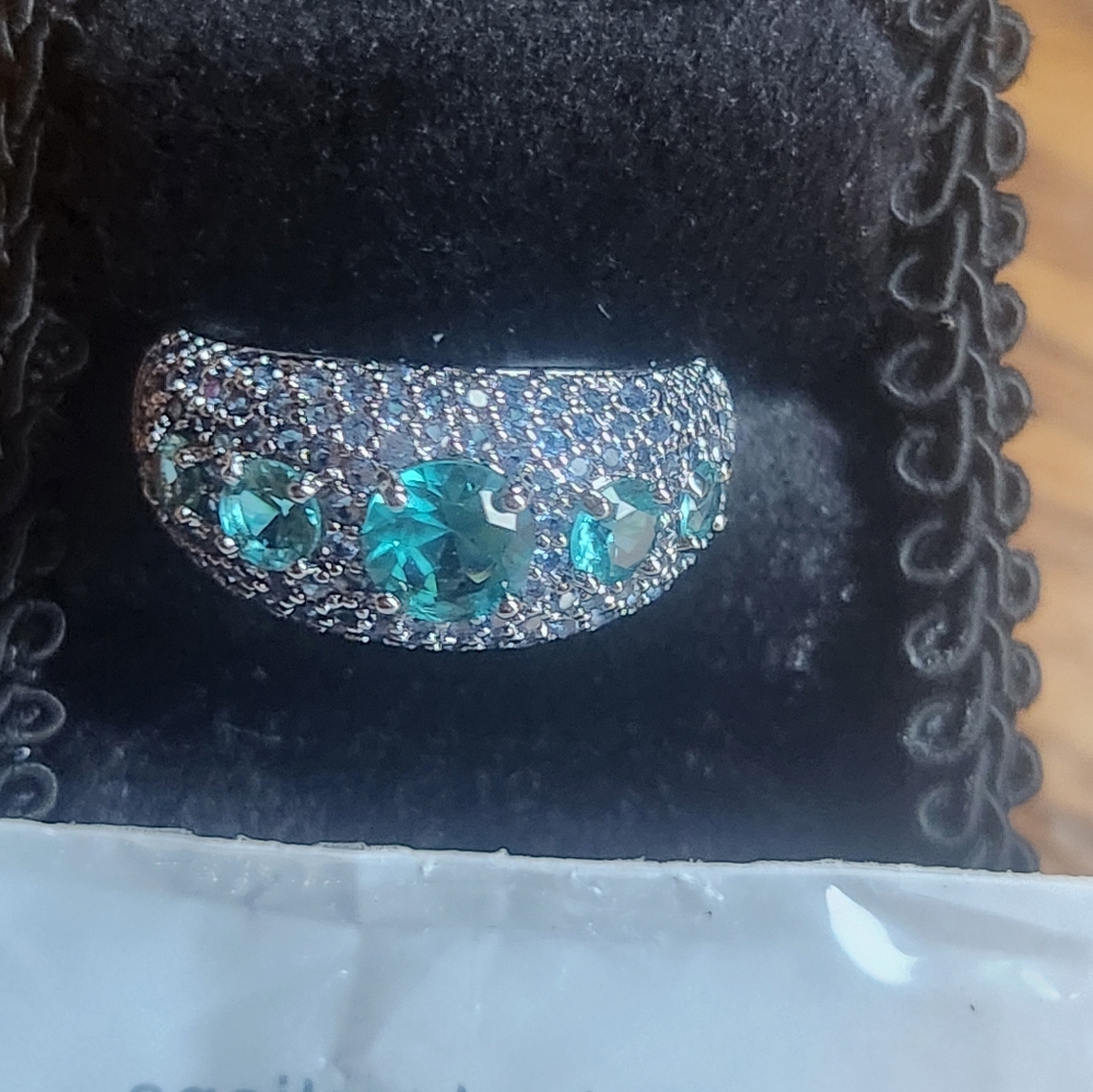 Simply Speechless lab created Paraiba Tourmaline, Hematite Plating Ring size 8